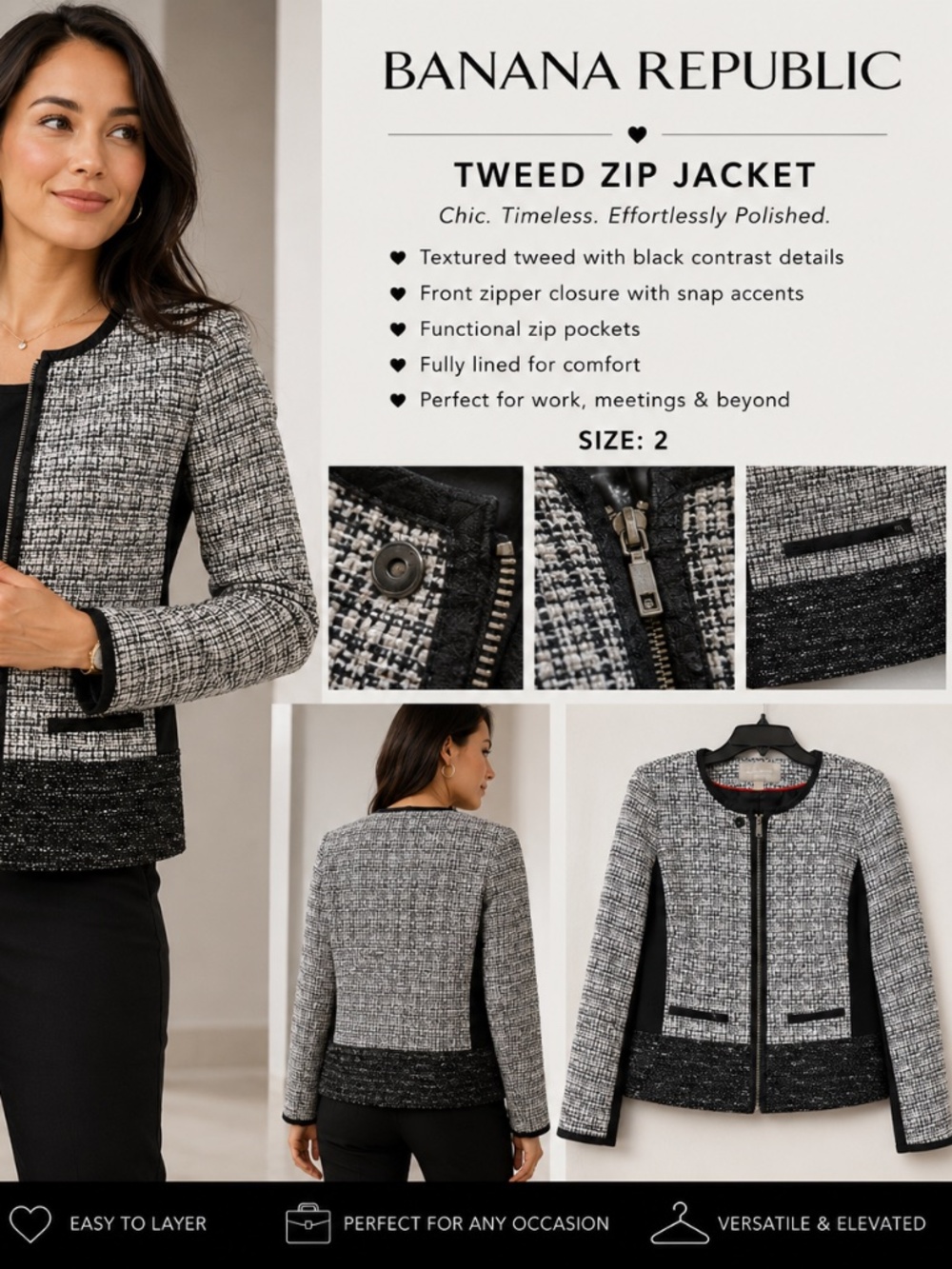 Banana Republic Textured Tweed Jacket | Size 2 | Black & White | Zip & Snap | VG
